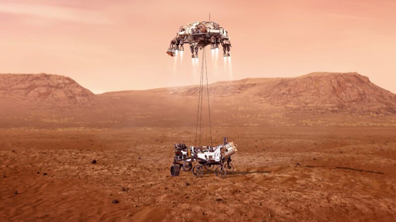 Artist's rendition of NASA's Perseverance rover landing on Mars beneath its skycrane