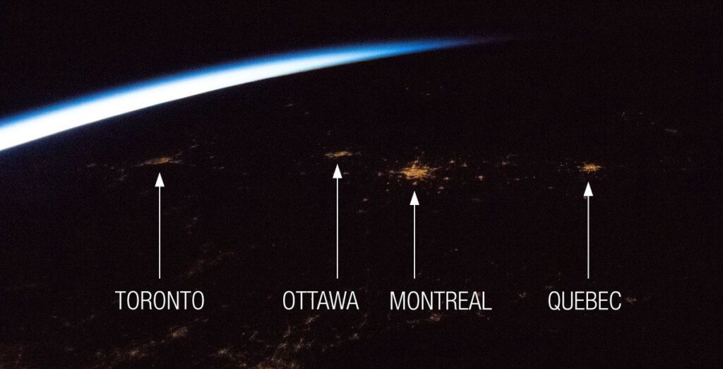 Canadian Astronaut David Saint-Jacques snapped this view of some of Canada’s major cities at night in a single frame from the Cupola window aboard the International Space Station in 2019.