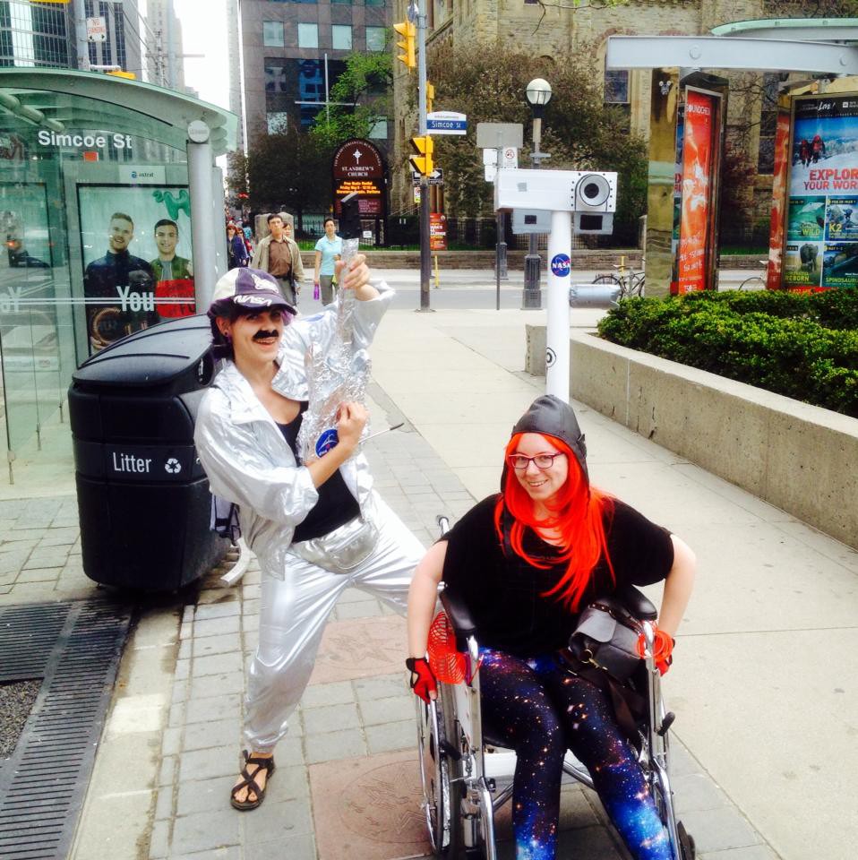 Tanya Harrison at the Toronto Science Chase in her wheelchair decked out to look like the Curiosity rover