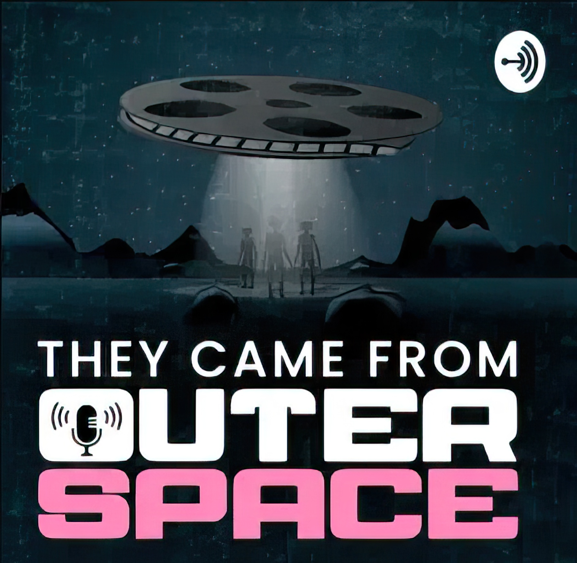Flying saucer beaming aliens down onto Earth with the text "They Came from Outer Space"